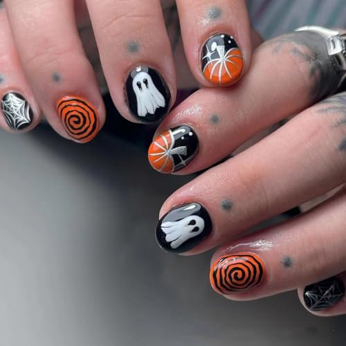 SINLOV Künstliche Fingernägel, Halloween-Spinne, quadratisch, kurz, französische Nägel, vollständige Abdeckung, für Damen und Mädchen, 24 Stück