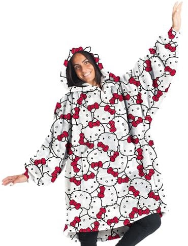 Kanguru, Felpa Coperta Donna con cappuccio, Hello Kitty Hoodie Oversize, plaid con maniche indossabile, idea regalo donna Natale o Compleanno, in pile 100% Microfibra, 85x75 cm vestibilità larga