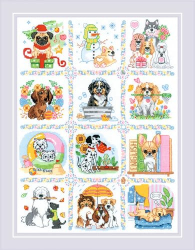 Riolis Kreuzstich Stickpackung Hundekalender, Zählmuster, 30x40cm