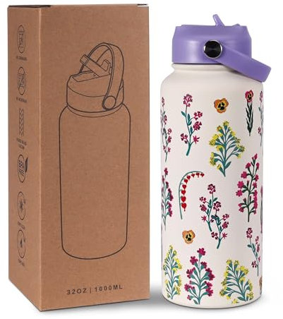 Goetland Fleur Gourde Inox 1l Isotherme Bouteille D'eau avec Paille et Ouverture pour Boire Adulte Femme Sport Personnalisable Étanche Sans BPA Reutilisable Violet