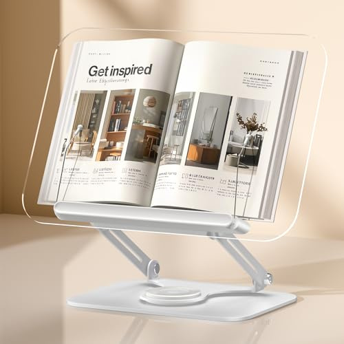 ASIEIT Buchständer zum Lesen, verstellbarer Acryl-Buchhalter Leseständer mit 360° drehbarem Fuß und Seitenclip, faltbarer Buchhalter & Kochbuchhalter for Bibel, Laptop, Rezept, Tablets, Lehrbuch
