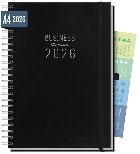 Häfft® Business-Timer 2026 A4 Maxi Schwarz 1 Woche 2 Seiten - XL Terminplaner, Wochenplaner, Wochenkalender, Organizer, Terminkalender - nachhaltig & klimafreundlich