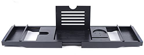Plateau de baignoire extensible en bambou noir 75-110 cm avec support pour téléphone portable iPad pour livres, verres à vin, bougies, serviettes, collations