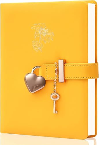 CAGlE Diary with Lock and Key, Heart-Shaped Lock Journal for Girls, Leather Journal Personal Organizers, Girls Secret Notebook, 5.3x7 inches, Yellow