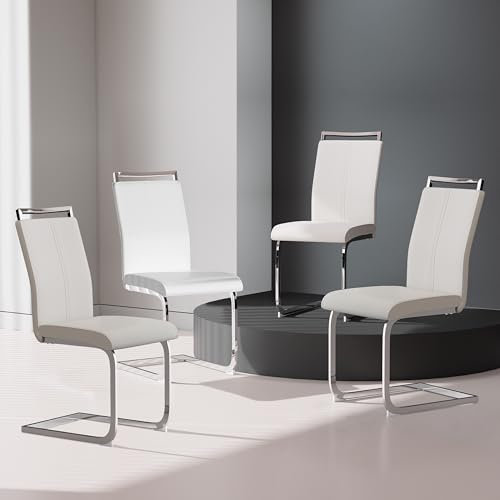 GOLDFAN Chaises de Salle à Manger à Dossier Haut Style Moderne, Lot de 4, Similicuir PU, Structure Chrome (Blanche)