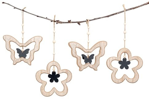 4er Set Deko Anhänger Schmetterling Blume MDF Holz Natur Hängedeko Frühlingsdeko Deko-Anhänger