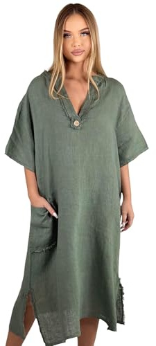 Mississhop 100% Leinen Kleid Damen mit V-Ausschnitt & Tasche 3093 - Leinenkleid