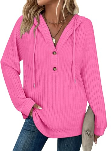 Syphiby Hoodies for Women Ladies Jumpers Long Sleeve Tops V Neck Pullover | Drawstring Button Casual Sweatshirt Spring Autumn Winter Tunic Clothes S-XXL