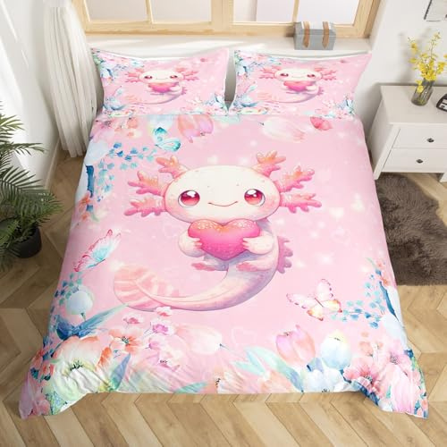 Homemissing Pink Cute Axolotl Bettwäsche Set 135x200cm Kids Cartoon Salamander Bettbezug für Jungen Mädchen Blume Blumendruck Betten Zimmer Dekor Kawaii Reptil Tier Ozean Seetiere Zimmerdekoration