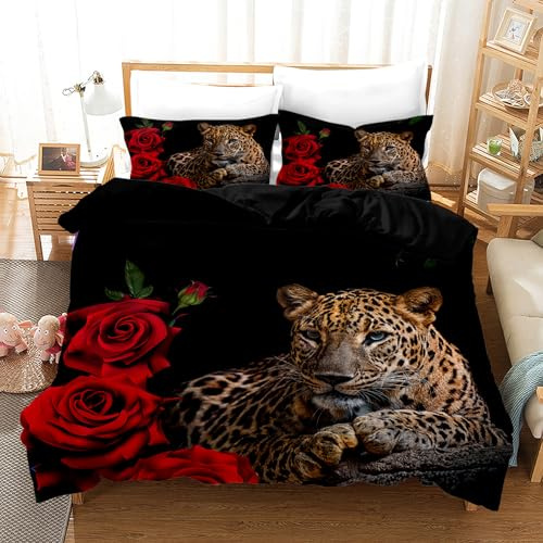 BNREDA Leopard Bettwäsche 135x200,3D Leopardmotiv Mikrofaser Bettbezug,Weich Komfort Tiermotiv Bettwäsche Sets 3teilig,Für Erwachsene, Jugendliche und Kinder (Leopard-B, 135x200cm)