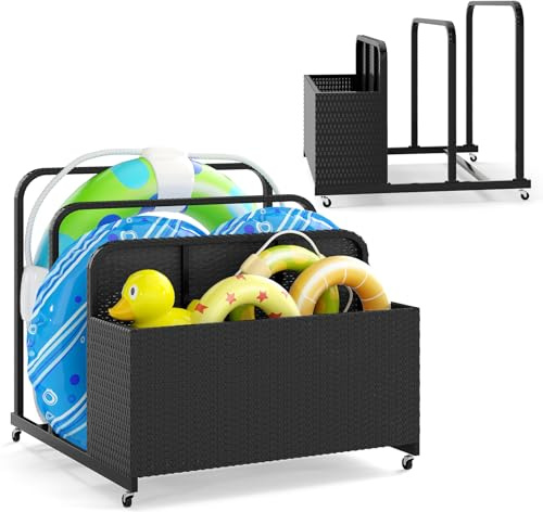 HOMASIS Aufbewahrungsbox für den Außenbereich mit 2 Handtuchhaltern, Aufbewahrungsbox für den Garten mit Rädern und Bremsen, wasserdicht, aus Rattan, für Pool, Umkleidekabine, 100 x 100 x 94 cm