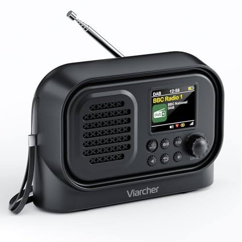 Viarcher Portable DAB/DAB+ & FM Radio with Bluetooth, USB Rechargeable Small Digital Radio, Dual Alarm Clock, Sleep Timer, 40 Presets, Colour Display