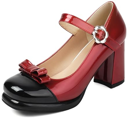 Gicoiz Lack Mary Jane Damen Schuluniform Party Hohen Blockabsatz Pumps Runde Zehen Bride Komfort Sommer Hochzeit Chunky Schuhe Plateau Rot Gr 39 EU-40Cn