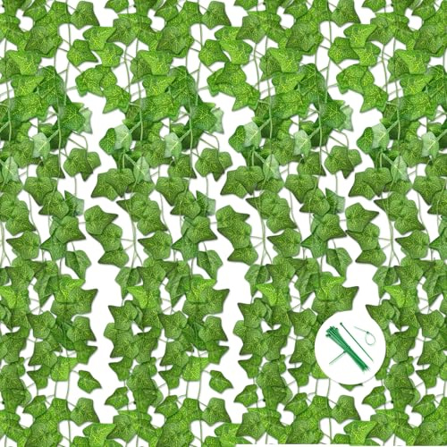12 Unidades Guirnalda de Hiedra 2,2 m con 30 Bridas – Enredadera Artificial Exterior con Longitud Total de 26,4 m, Planta Artificial, Plantas Artificiales Decorativas para Cocina, Boda y Fiesta