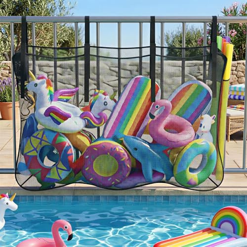 Housolution Pool Float Storage Net, 66.9'' x 15.7'' x 47.2'' Large Pool Storage Bag, Outdoor Toy Organizer Hanging Pouch for Inflatable Balls Toys, Swimming Ring, Rafts, Noodles, Black