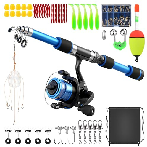 Kids Fishing Rod Starter Set, Telescopic Fishing Rod & Reel Combos 45cm-180cm with Soft Lures Line Hooks Carrier Bag, for Kids Outdoor Traveling Camping Hiking