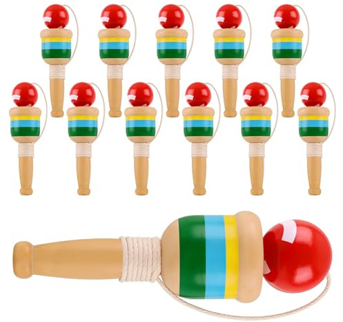 AOVNA 12 Pcs Wooden Catch Ball Game Wooden Cup and Ball Game Set Red Wood Ball Wooden Catch Ball Catching with String Cup Hand Style Toy Hand Eye Coordination Educational Game Vintage Catch Toys.
