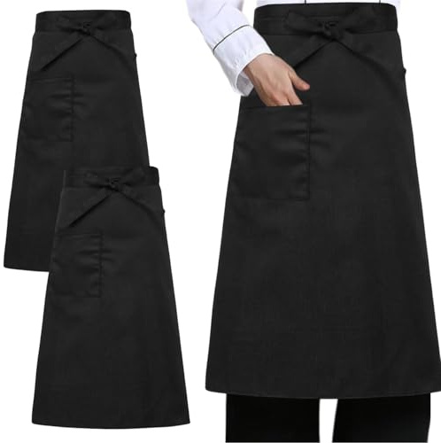 EVBOTGEE 2 Stück Vorbinder Schürze, 70x 70 cm, Kurz Servierschürze mit Taschen, Schwarz Kellnerschürze, Kochschürze, Grillschürze für Herren Damen für Koch Kellner Bäcker