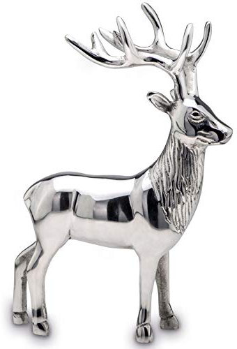 Große stehende Aluminium XL Deko Hirsch-Figur - silbern glänzende Jagdfigur mit Geweih - Weihnachts-Deko zum Hinstellen Höhe 29 cm