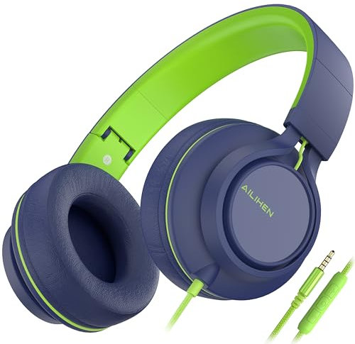 Ailihen C8 Kids Headphones Wired with Microphone and Volume Control Folding Lightweight Corded Headset for Boy Girls School Cellphones Tablets Chromebook Smartphone Laptop Computer (Blue Green)