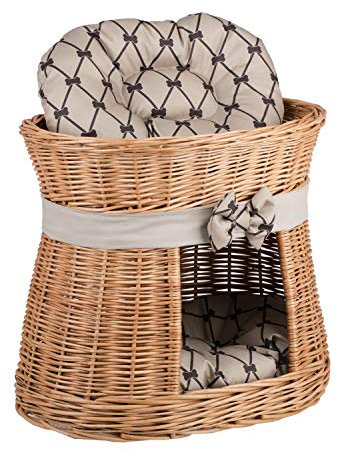 e-wicker24 Ovale Katzenhütte in Naturfarbe, Katzenkorb aus Weide, Korb für die Katze mit Zwei Etagen, Katzenlager mit Kissen, Katzenturm (Beige 1)