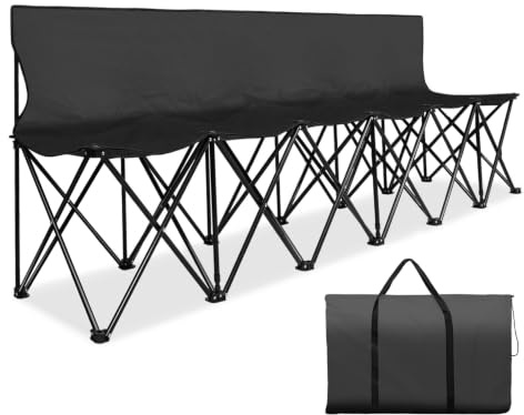 Flexzion Tragbare klappbare Sitzbank, 6‑Sitzer, zusammenklappbare Fußball-Bank, tragbare Sitzbank für Tribünen, Camping, Spielfeldrand, mit Rückenlehne und Tragetasche, Schwarz