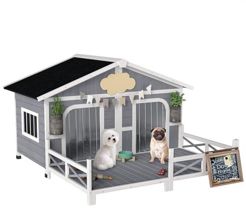 PawHut Dog House Outdoor, Wooden Dog Kennel Weatherproof with Porch, Openable Roof, Removable Bottom, Elevated Floor, Double Room for 2 Small to Medium Breeds, Gray