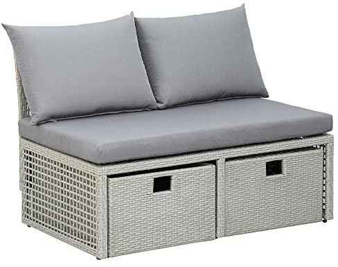 Outsunny Ensemble Salon de Jardin 3 Places 3 pièces - canapé 2 Places, Pouf, Coffre Rangement - 4 Coussins Inclus - résine tressée Imitation rotin Gris