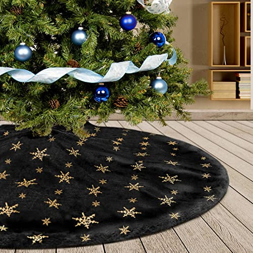 Deggodech 78cm Faux Fur Christmas Tree Skirt Base Cover with Gold Sequin Snowflake Plush Xmas Tree Skirt Mat for Christmas New Year Party Holiday Decorations (Black, 31inches)