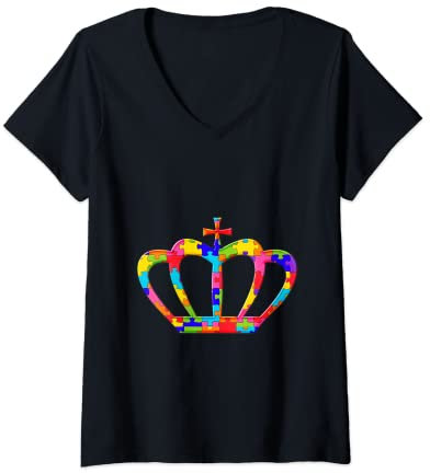 Damen Puzzle mit Krone, Autismus T-Shirt mit V-Ausschnitt