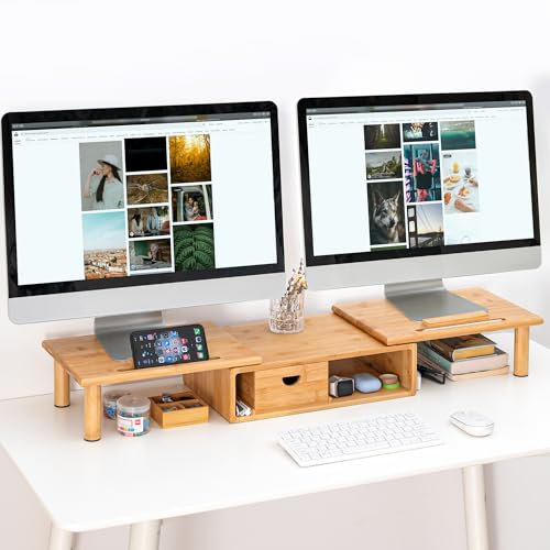 ROCDEER Dual Monitor Stand Riser with Drawer for Desk Laptop Desk Shelf with Adjustable Length and Angle, Bamboo Computer Stand Riser for 2 or 3 Monitors Screen Laptop PC TV -Natural