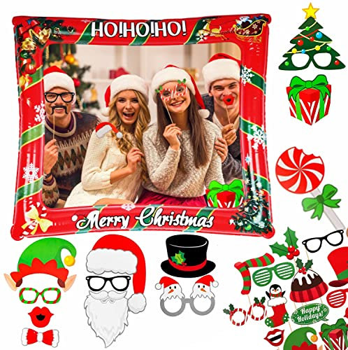 Weihnachten Aufblasbare Fotorahmen mit 32 Stück Foto Requisiten, Photo Booth Requisiten Dekorationen Weihnachtsdeko Props, Weihnachtsfeier Fotobox Accessoires Fotorequisiten Weihnachten Partyzubehör
