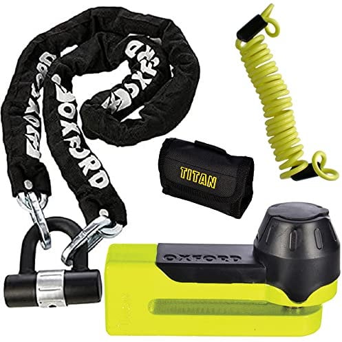 Oxford Security Products OF159 1.5m Heavy Duty Chain Lock + OF51 Titan Bicycle Motorbike Motorcycle Disc and Pouch Yellow FREE Reminder