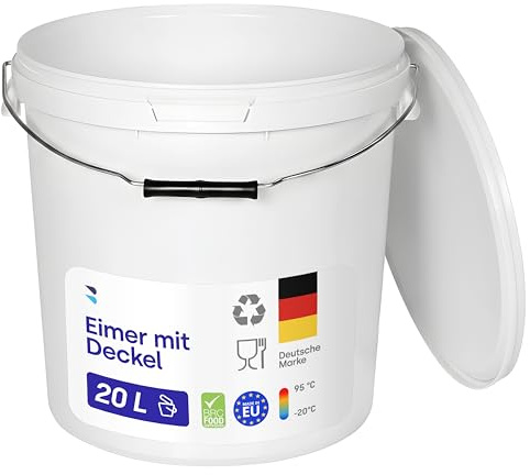 BenBow Eimer mit Deckel 20l weiß 100x 20 Liter - lebensmittelecht, stabil, luftdicht, auslaufsicher - Vorratsbehälter für Aufbewahrung aus Kunststoff, mit Metall-Henkel - leer