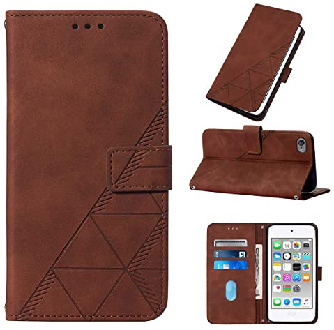 LMFULM® Hülle für iPod Touch 5/6 / 7 (4,0 Zoll) PU Leder Magnet Brieftasche Lederhülle Dreieck Drucken Flip Cover Ledertasche Stent-Funktion Case Braun