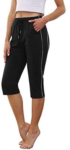 Gyabnw Sporthose Damen 3/4 Jogginghose Sommer Trainingshose Streifen Freizeit Capri Hose mit Tasche B-schwarz,M