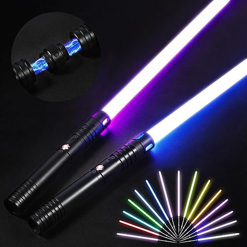 Laserschwert Kinder und Erwachsene - Lichtschwert 2er Set | Wiederaufladbares Doppel Leuchtschwert | Doppelklingen Lichtschwert mit 15 Farben & Soundeffekten | Premium Schwert & schwarzer Metallgriff