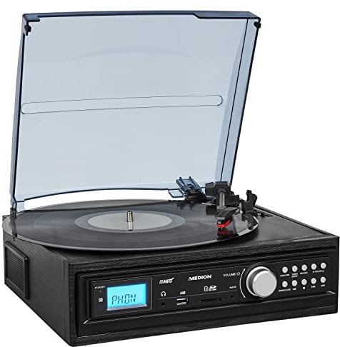 MEDION E69143 Schallplatten und Kassettendigitalisierer (eingebauter Lautsprecher, 33/45/78 U/min, direkte MP3 Umwandlung, MP3-Wiedergabe, SD Kartnleser, AUX Eingang, Kopfhörerbuchse) schwarz