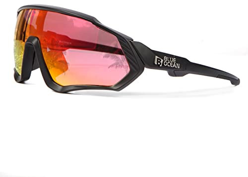 B Blue Ocean Fahrradbrille (Schwarz 02), mit 5 austauschbaren Gläsern, UV400, polarisiert, für Männer und Frauen, Sport-Sonnenbrille, geeignet für Radfahren, Klettern, Laufen, Wandern, Fahren