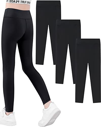 Domee Mädchen Sport Leggings Sporthosen Einfarbig 3er-Pack Schwarz 134-140 (Herstellergröße 140)