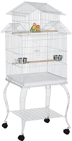 PawHut Vogelkäfig auf Rädern Großer Vogelkäfig mit Ständer Voliere mit abnehmbarem Tablett Türen Fütterungen Sitzstangen und Bodenregal für Kakadu Nymphe Sonne Sittich 50x49x137 cm Weiß