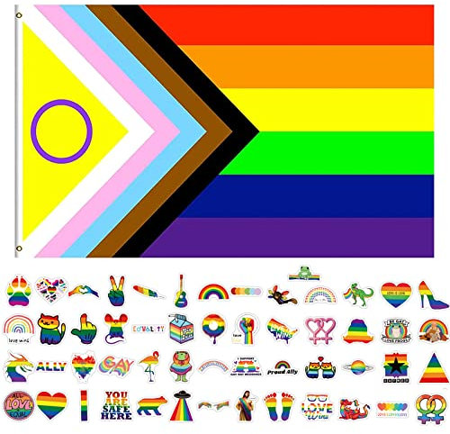 GoldRock Progress Pride - Set bandiera arcobaleno 150 x 90 cm + 50 adesivi LGBTQ – Lesbian, Gay, Joint-Pride bandiera arcobaleno con 2 occhielli in ottone