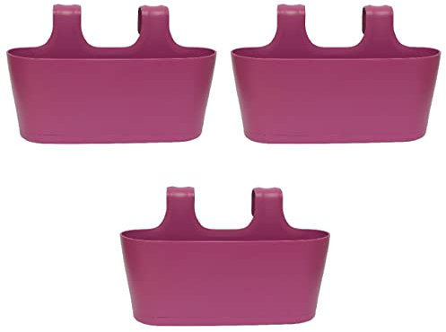 ENGELLAND 3 x Blumenkasten zum Auf-Hängen, Farbe: Lila, Blumentopf, oval, Balkon, Übertopf, Pflanzkasten, mit Wasserspeicher/Wasserauffangschale