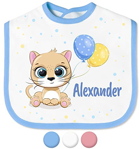 Babylätzchen mit Namen für Mädchen & Jungen – Lätzchen für Baby & Kleinkind personalisiert - mit Klettverschluss – Spucktuch Latz Kinderlätzchen - Geschenk für Kleinkinder (Katze, Blau)