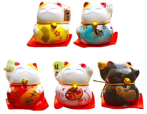 5 Pezzi Figurine Gatto Fortuna,Mini Maneki Neko Carino Gatto Fortunato Figurine Fengshui Cinese Giapponese Statua Ceramica Fortunato Gatto Fortuna,Piccoli Colori Vivaci E Carini,Statua da tavolo Casa