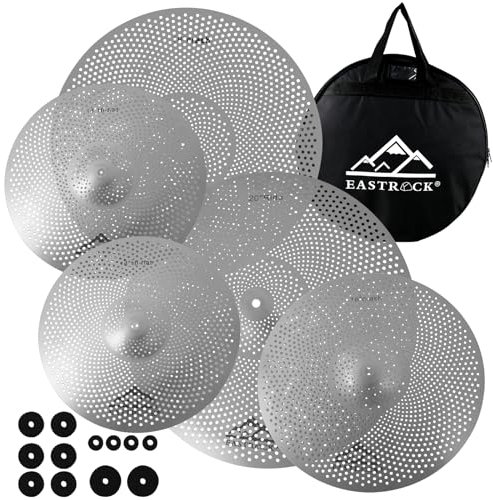 EASTROCK Set di 5 piatti silenziosi per basso volume, hi-hat da 35,6 cm, crash,45,7 cm, crash,50,8 cm, ride, con custodia per piatti e feltrini per piatti.Adatto per Principianti e adulti (Silver)