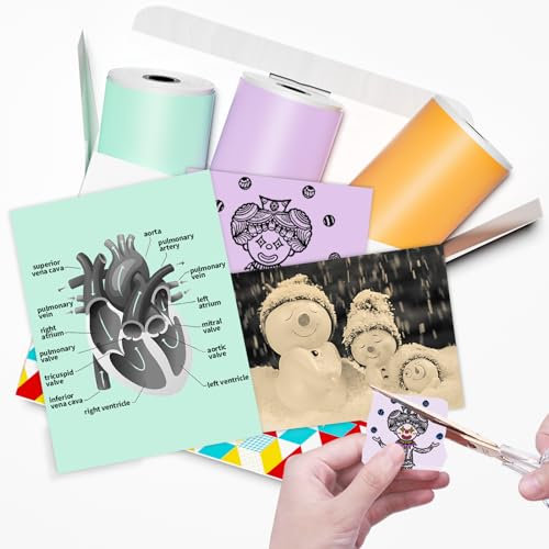 Papier für Sticker Drucker, Drucker Papier für Taschendrucker, Thermopapier für T02/Q02/M02X/M02L, 20 Jahre Klebrig Phomemo Papier, Lila/Grün/Orange Liene Fotodrucker Papier, 3 Rollen 50mm*3.5m