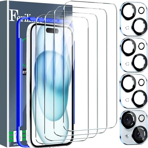 Ferilinso para Protector de Pantalla iPhone 15 4 Piezas HD Cristal Templado Accesorios 4 Piezas Protector de Lente de cámara Funda Amistoso Marco de montaje