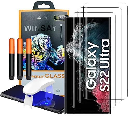 NOVAGO Compatible avec Samsung Galaxy S22 Ultra 5G - 3 Films vitre protection écran en verre trempé incurvé résistant avec colle et mini lampe fournie