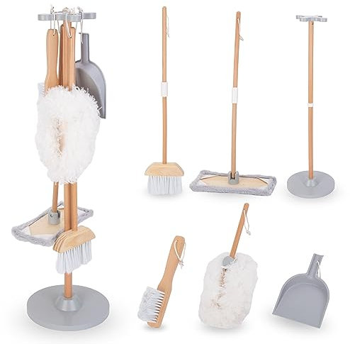 mamabrum - Set de Limpieza Juguete de Madera con Soporte - Kit Educativo Infantil con Escoba, Recogedor, Mopa y Plumero - Carrito Limpieza para Niños +3 Años - 82cm Altura
